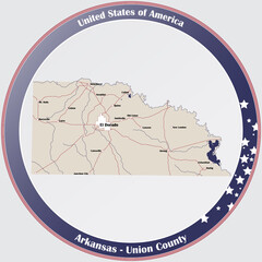 Round button with detailed map of Union County in Arkansas, USA.
