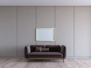 modern living room with 2 seater sofa. simple light taupe background mock up with rectangle photo frame. 3d render.