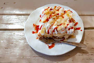 Ekmek kadayifi, a traditional sweet in Turkey and Greece. It is bread pudding served with kaymak, a kind of clotted cream.