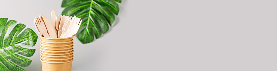 eco natural paper cups on gray background. sustainable lifestyle concept. zero waste, plastic free items. stop plastic pollution. Copy space, template, Mockup.