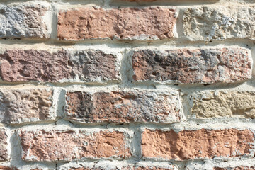 Close up view of old shabby wall made from light brown bricks. Abstract textured background. Copy space for your text and decorations.