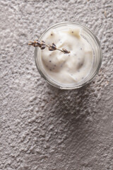 Yogurt in a glass. Lavender yogurt with Chia seeds