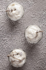 Yogurt in a Yogurt in a glass. Lavender yogurt with Chia seedsglass. Lavender yogurt with Chia seeds