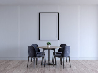 dining room with 4 chair and table. simple white background mock up with large rectangle photo frame. 3d render.