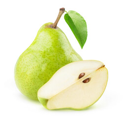 Isolated pear. One whole green pear and a piece with seeds isolated over white background