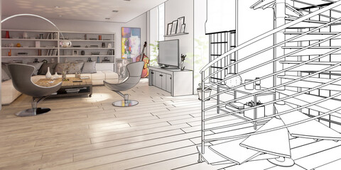 Modern Residential Loft Interior Design (draft) - panoramic 3d visualization