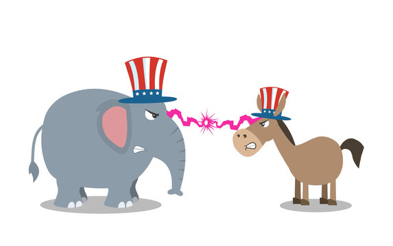 Political Elephant Republican Vs Donkey Democrat. Raster Illustration Isolated On White Background