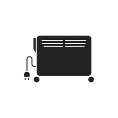 Heater black glyph icon. Heats the room, can be moved thanks to the wheels. Pictogram for web page, mobile app, promo. UI UX GUI design element.