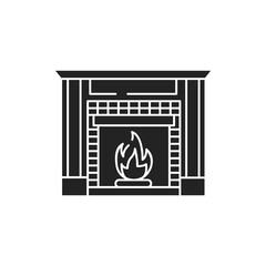 Fireplace black glyph icon. Structure made of brick, stone or metal designed to contain a fire. Used for the relaxing ambiance Pictogram for web page. UI UX GUI design element.