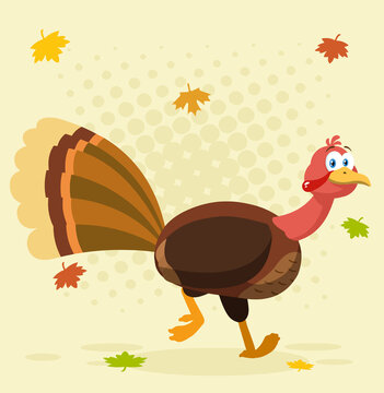 Thanksgiving Turkey Bird Cartoon Character Running. Vector Illustration  With Background