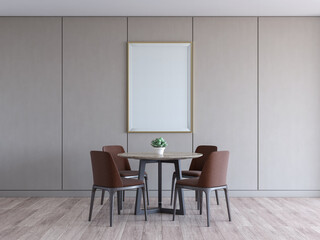 dining room with 4 chair and table. simple light taupe background mock up with large rectangle photo frame. 3d render.