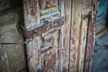 Vintage door in selective focus. Outdoor shot. Baku.