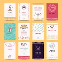 Naklejka premium Merry Christmas, Happy New Year, Valentine's, family holidays greeting cards. Festive templates collection with hand drawn textures, brush strokes, thin line icons, geometric stylized illustrations.