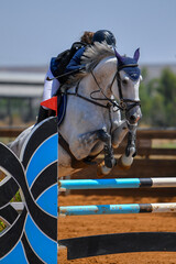 Rider jumps over obstacles during horse show jumping
