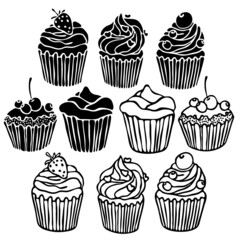 vector illustration, set of cupcake, sweets, cake piece, in doodle style in black, linear drawing, isolate on a white background