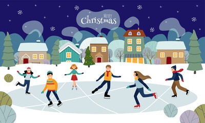Obraz na płótnie Canvas Children are skating on the ice. Winter village.