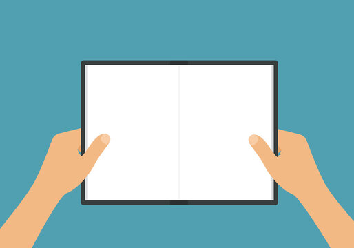 Flat design illustration of a man or woman's hand holding a book with blank white pages and space for text or image. Isolated on green background, vector