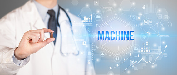 Doctor giving a pill with MACHINE inscription, new technology solution concept