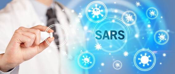 Doctor giving pill with SARS inscription, coronavirus concept
