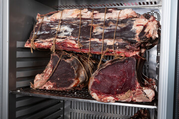 Meat in dry aging meat refrigerator