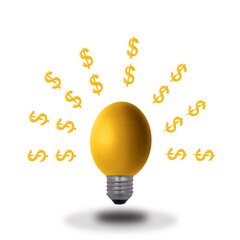 Golden Egg lightbulb and dollar on white background. Idea business concept.