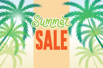 Summer sale banner with palms and sale text. Tropical background, design template. Big discount.