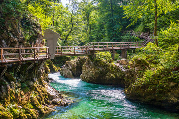 crystal clear water in a mountain river in an alpine gorge