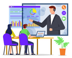 Man and woman sit on chairs by table, workplace. Conversation between office workers and manager or boss. Data charts and statistics diagrams on board. Vector illustration of appointment in flat style