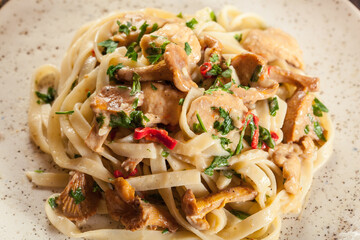 Tagliatelle pasta with chicken and chanterelles mushrooms