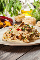 Tagliatelle pasta with chicken and chanterelles mushrooms