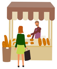 Bakery shop, marketplace with baked bread and buns, tent at market with seller and shopper. Vector baguettes and dough products, woman with bag back view