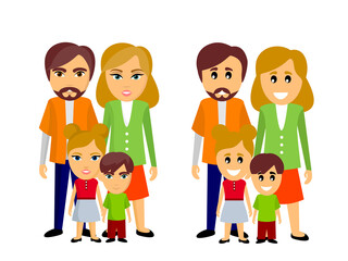 Happy Family vector illustration. Children and parents. Parenting. Father mother kids son daughter. Dad daddy Mom. Kid. Brother sister. Siblings Husband wife. Boy girl. Male female. Couple. Vector