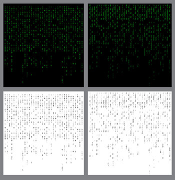 Binary code falling. Programming fading patterns set. Collection of zero one digits flowing down backgrounds. Futuristic technology backdrops with data script. Matrix effect. Conceptual numbers stream