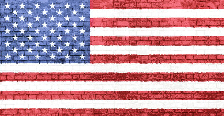 Old wall of bricks painted with the national flag of the United States of America, isolated illustration. Concept of social barriers and divisions.