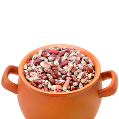 Fototapeta na wymiar Beans in a clay pot isolated on a white . Free space for text.