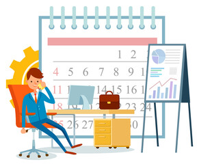 Businessman in suit drinking coffee in office. Workplace with computer monitor and briefcase with documents. Calendar, whiteboard with statistics graph vector