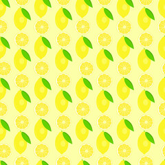 Limon. Seamless vector pattern. Lemons and lemon slices. Background for design, packaging, Wallpaper, fabric. Fruit pattern.
