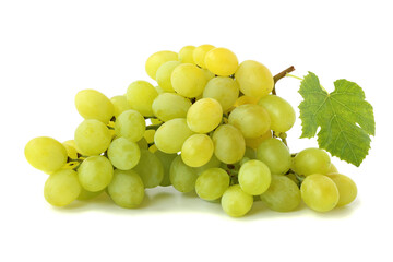 Bunch of green grapes with leaf isolated on white background