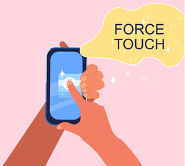 Force Touch technology concept. Human hands using pressure sensors on digital smartphone display. Tap gesture flat vector icon for apps and websites.Waveforms and vibration.Glare and stars around
