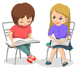 Kids reading books and preparing for lessons vector, children classmates sitting on chairs. Pupils with textbooks studying and getting knowledge. Female characters back to school concept flat cartoon