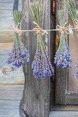 Lavender bouquets are hung on a rope. Background of a rural old house. Vertical image.