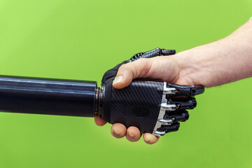 Bionic prosthesis made of high strength carbon and metal. Handshake of a grateful patient for a job...