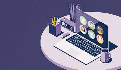 Laptop on the desktop and conference call