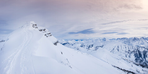 Fototapeta na wymiar Winter panorama landscape in the Karwendel mountains at Schafreiter peak during sunset.