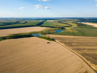 Fototapeta na wymiar Ripe wheat field in Ukraine. Summer clear day. Aerial view.