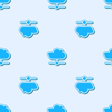 Blue line Network cloud connection icon isolated seamless pattern on grey background. Social technology. Cloud computing concept. Vector.