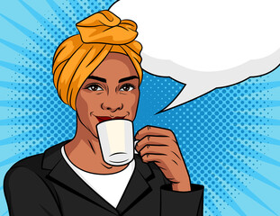Vector color illustration in pop art style. African American woman in a traditional scarf on her head. Black woman is drinking coffee. Business woman with cup of coffee in her hand