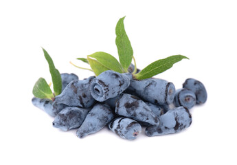 Fresh honeysuckle blue berry fruits with leaf, isolated on white background.