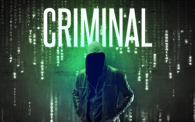 Faceless hacker with CRIMINAL inscription, hacking concept