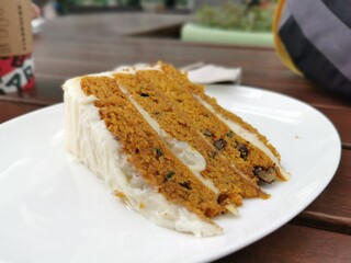 tasty carrot walnut cake on a white plate
